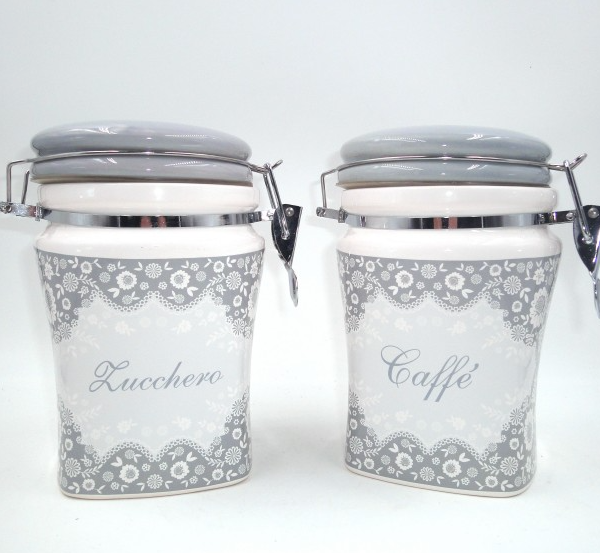Set Barattoli Zucchero e Caffè in porcellana decoro grigio