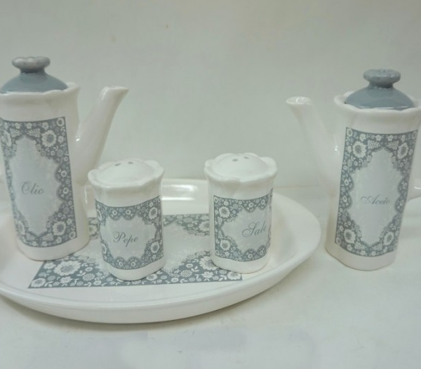 Set servizio Sale - Pepe - Olio - Aceto in porcellana decoro grigio