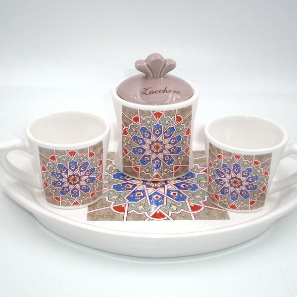 Set 2 tazzine caffè con zuccheriera in porcellana con vassoio Marrakech