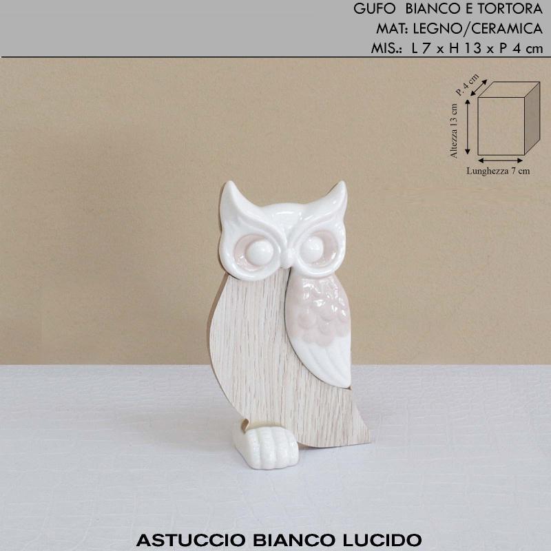 Gufo in legno e ceramica h.13 cm - idea bomboniera
