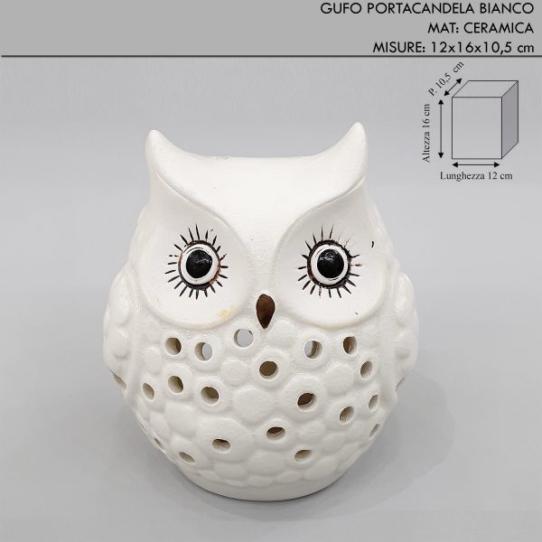 Gufo portacandela in ceramica bianco h.16 cm - idea bomboniera