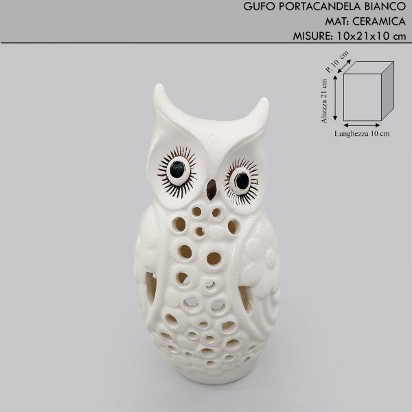 Gufo portacandela in ceramica bianco h.21 cm - idea bomboniera
