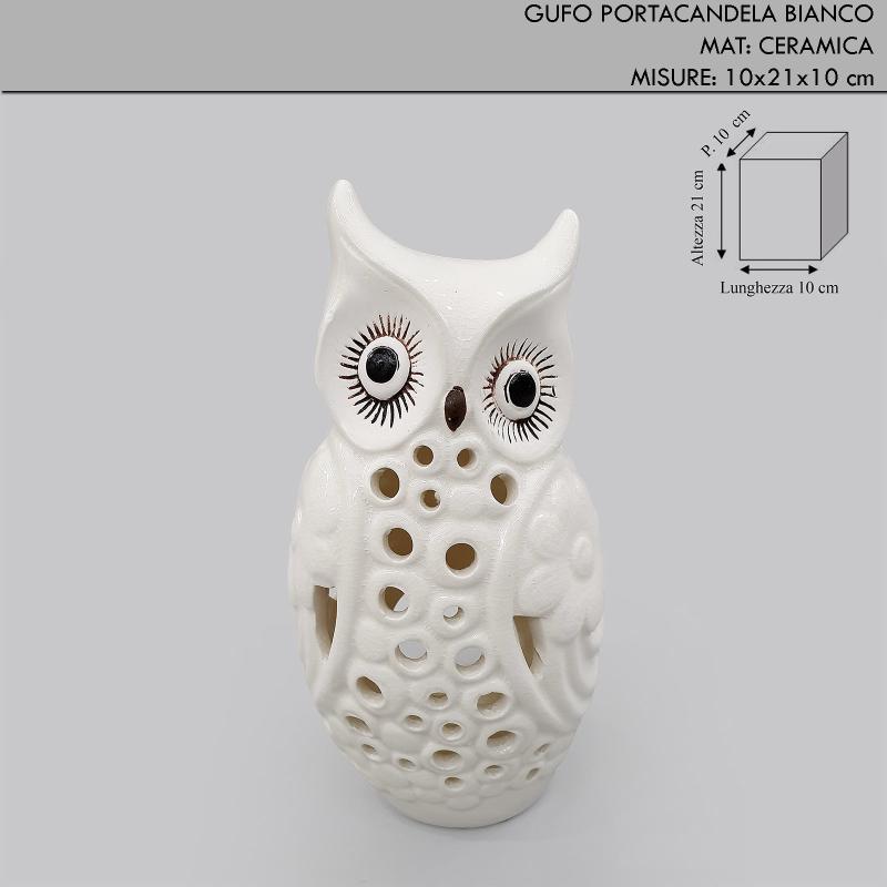 Gufo portacandela in ceramica bianco h.21 cm - idea bomboniera