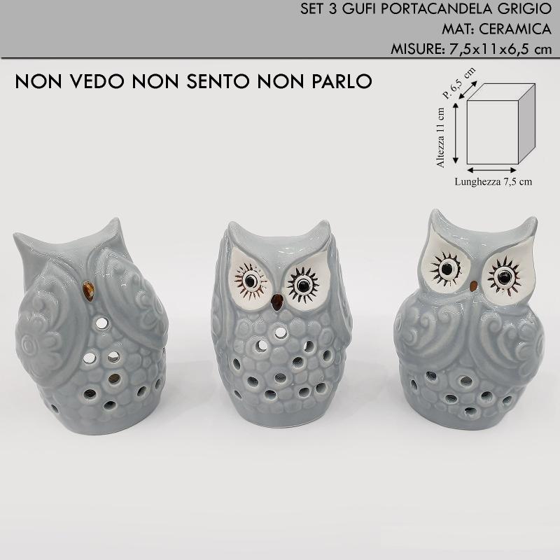 Set 3 gufetti portacandela in ceramica grigi - non vedo non sento non parlo -
