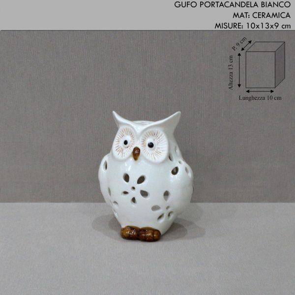 Gufo portacandela in ceramica bianco h.13 cm - idea bomboniera