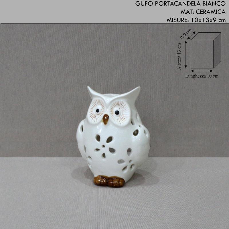 Gufo portacandela in ceramica bianco h.13 cm - idea bomboniera