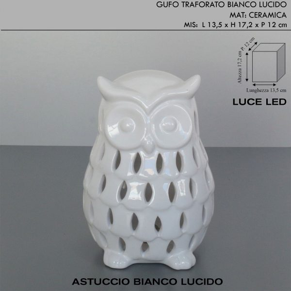 Gufo traforato con led in ceramica bianco h.17,2 cm