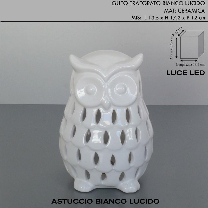 Gufo traforato con led in ceramica bianco h.17,2 cm