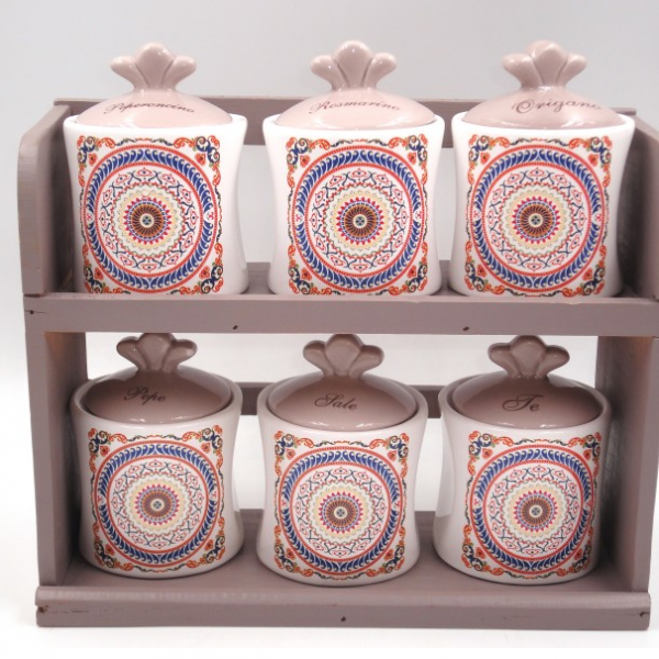 Portaspezie in porcellana decoro Greca con mensola in legno