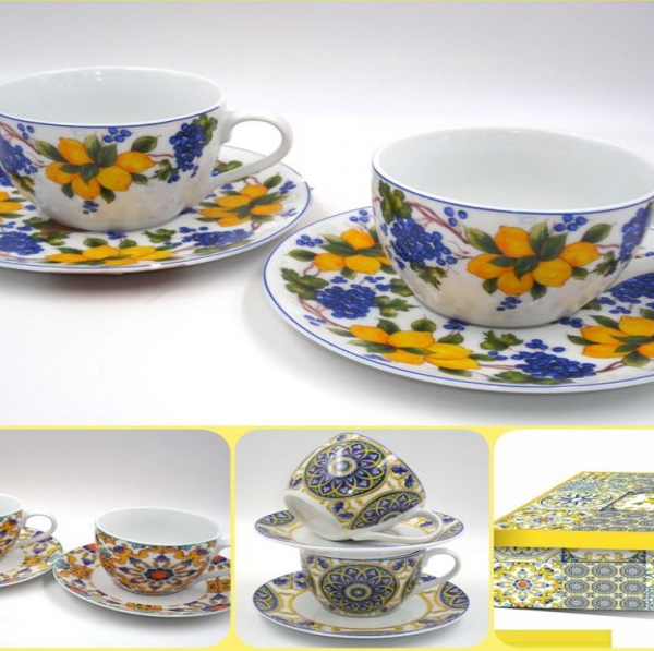 Set 2 tazze da tè in porcellana decoro limoni
