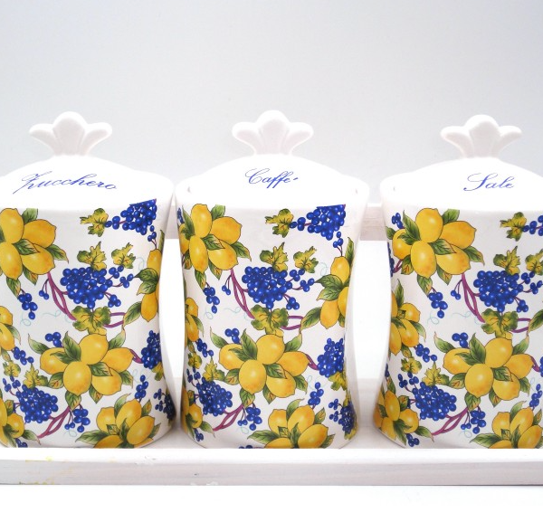 Tris Barattoli da cucina Sale Zucchero e Caffè decoro Limoni