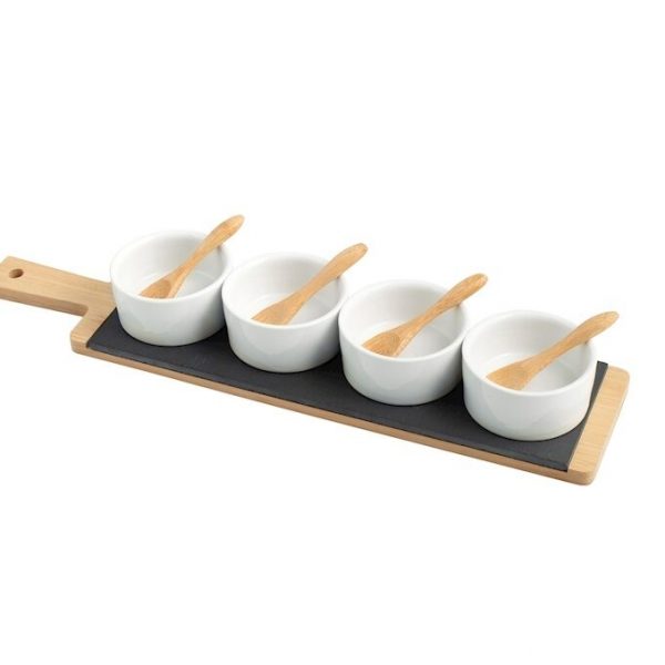 Tagliere happy hour in ardesia e bambu' con 4 coppette e cucchiaini.