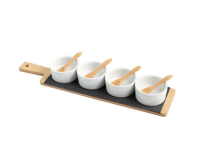 Tagliere happy hour in ardesia e bambu' con 4 coppette e cucchiaini.