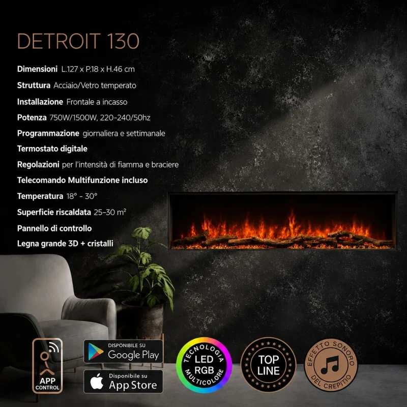 Caminetto Elettrico da incasso LED RGB Detroit 130 - immagine 6